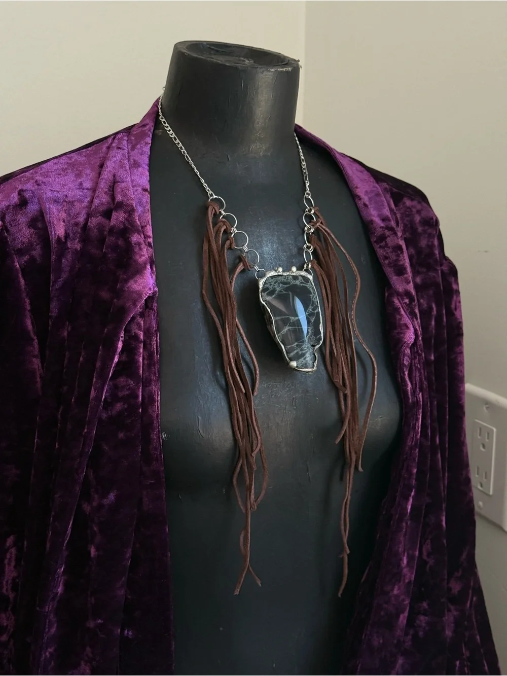 Spiderweb obsidian statement Fringe Necklace southern gothic boho jewelry
